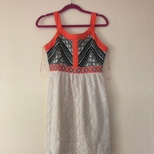 Anthropologie White Lace Mini Dress with Black and Coral Accents